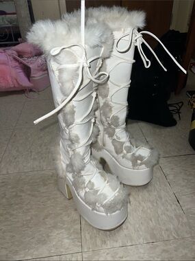 Demonia White Faux Fur Lace-Up Platform Knee Boots